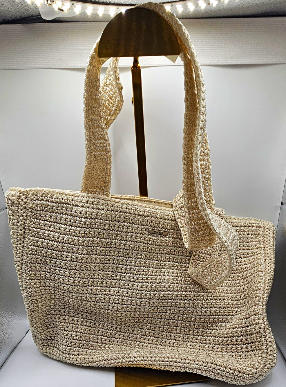 The Sak Crochet Shoulder Bag Cream Beige Woven Tote Handbag Zip Top